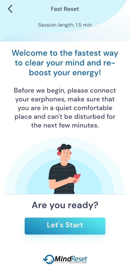 MindReset Fast Reset start screen showing a session length of 1.5 minutes